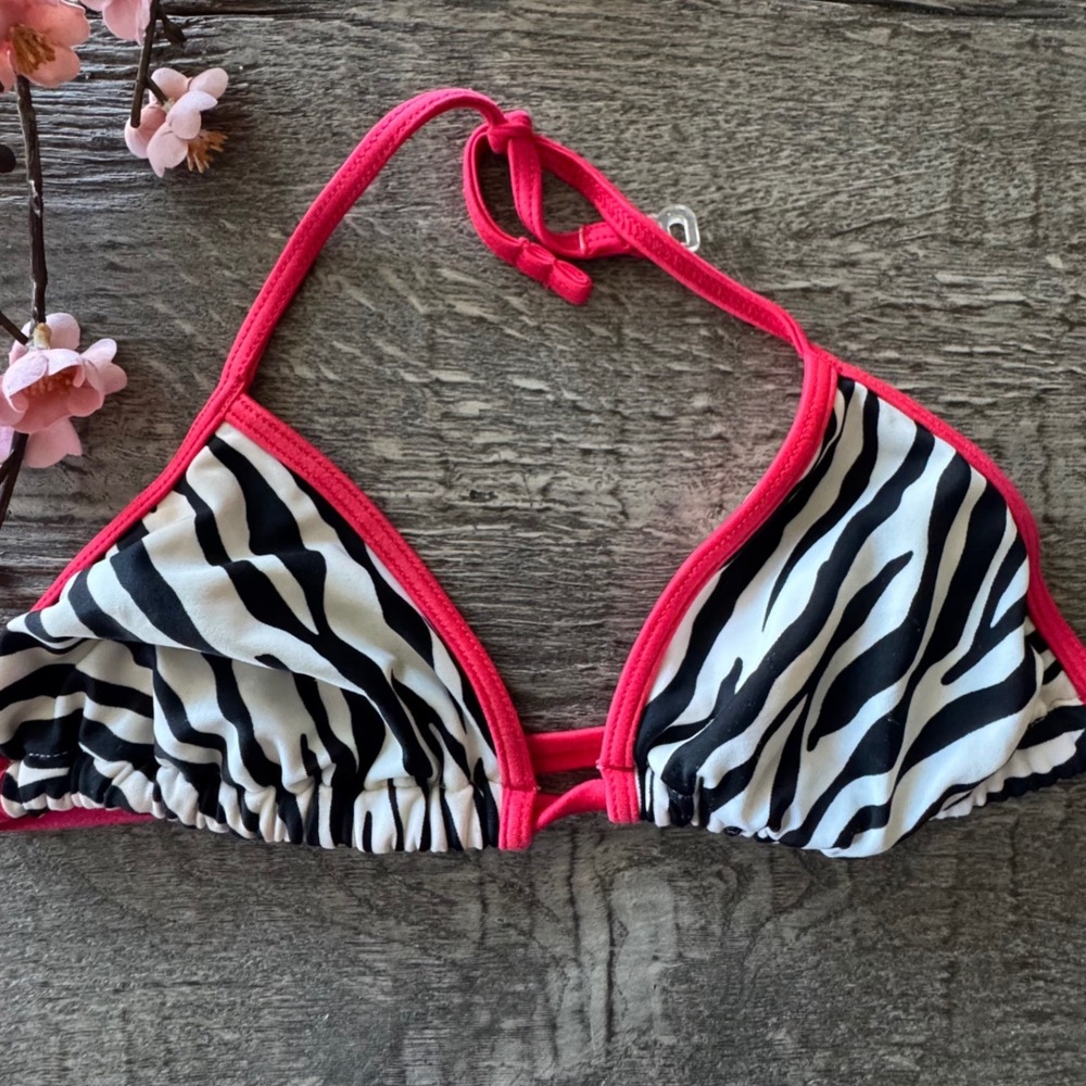 Vintage 2001 Rampage Swim Zebra Bikini Top Red Trim Y2K Triangle S